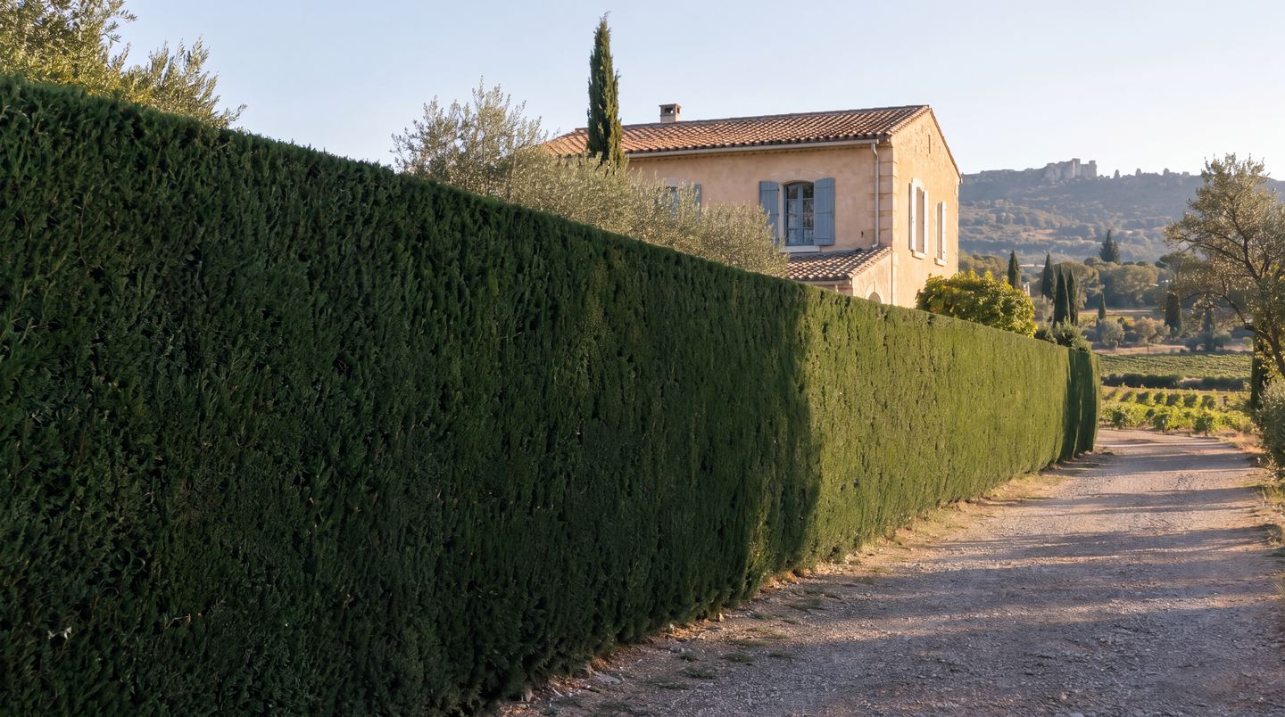 Longue haie de cyprès taillée au cordeau devant une maison du Languedoc à toit de tuiles, vignes et colline au loin