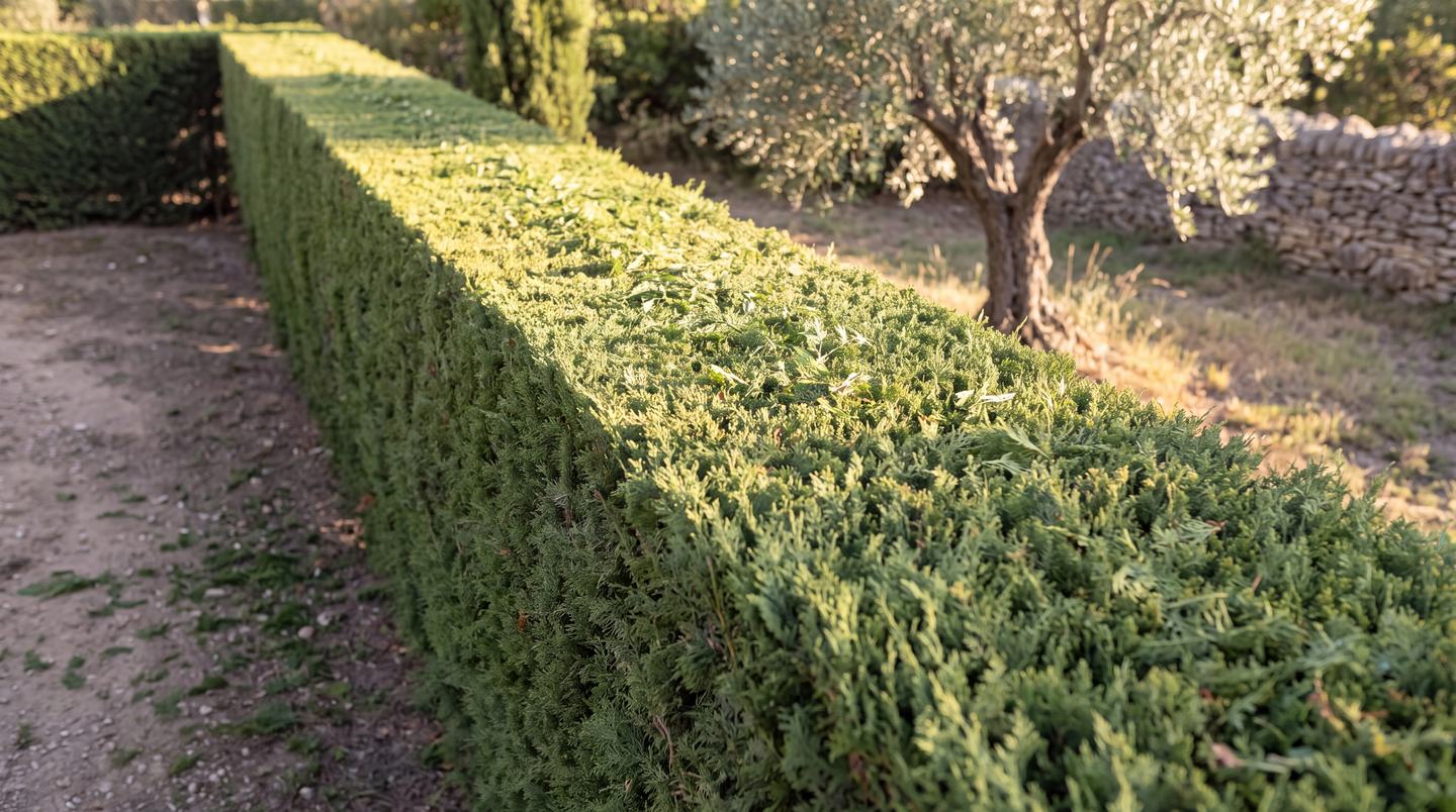 Dessus d’une haie de cyprès fraîchement taillée à plat, brindilles coupées, olivier et mur de pierre sèche
