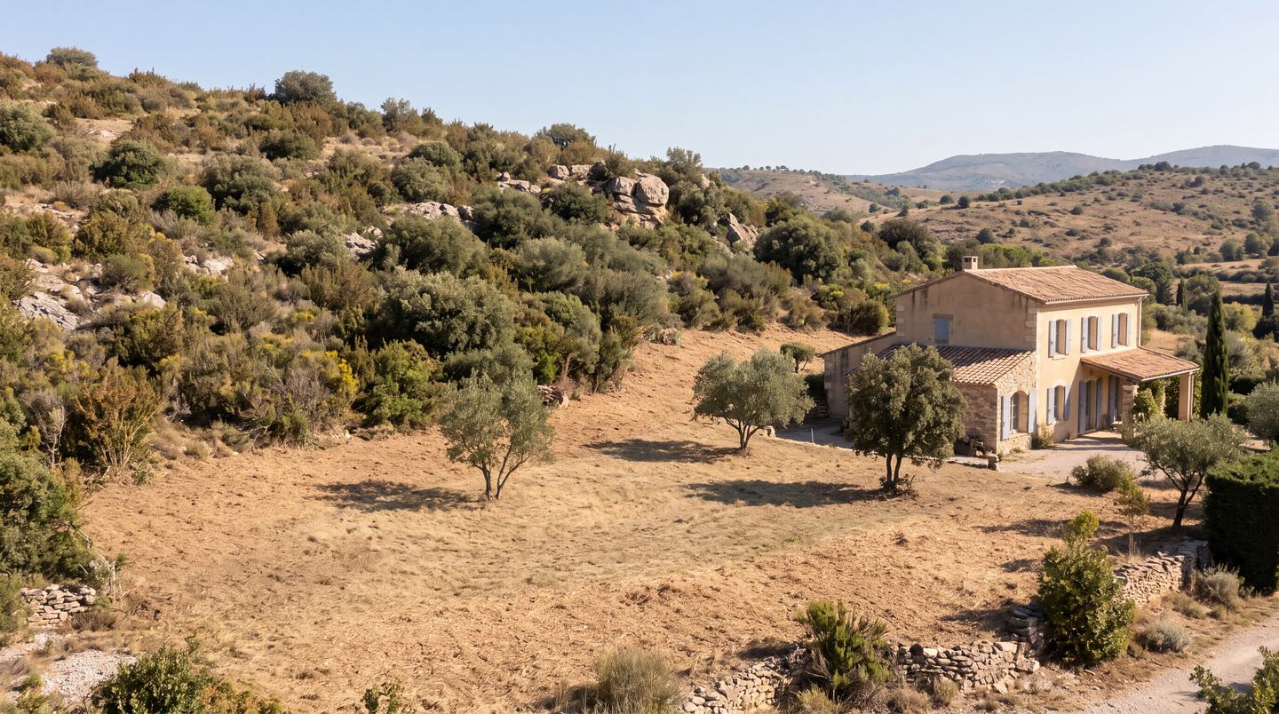 Maison en pierre au pied de la garrigue, terrain débroussaillé autour, oliviers espacés