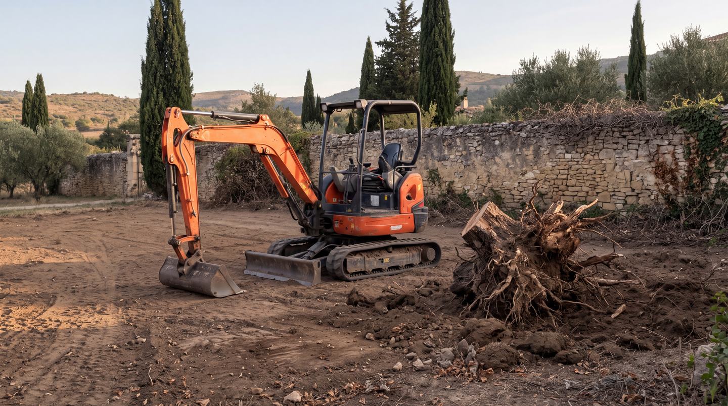 Mini-pelle orange à l’arrêt sur un terrain nivelé, à côté d’une souche arrachée, mur de pierre et cyprès