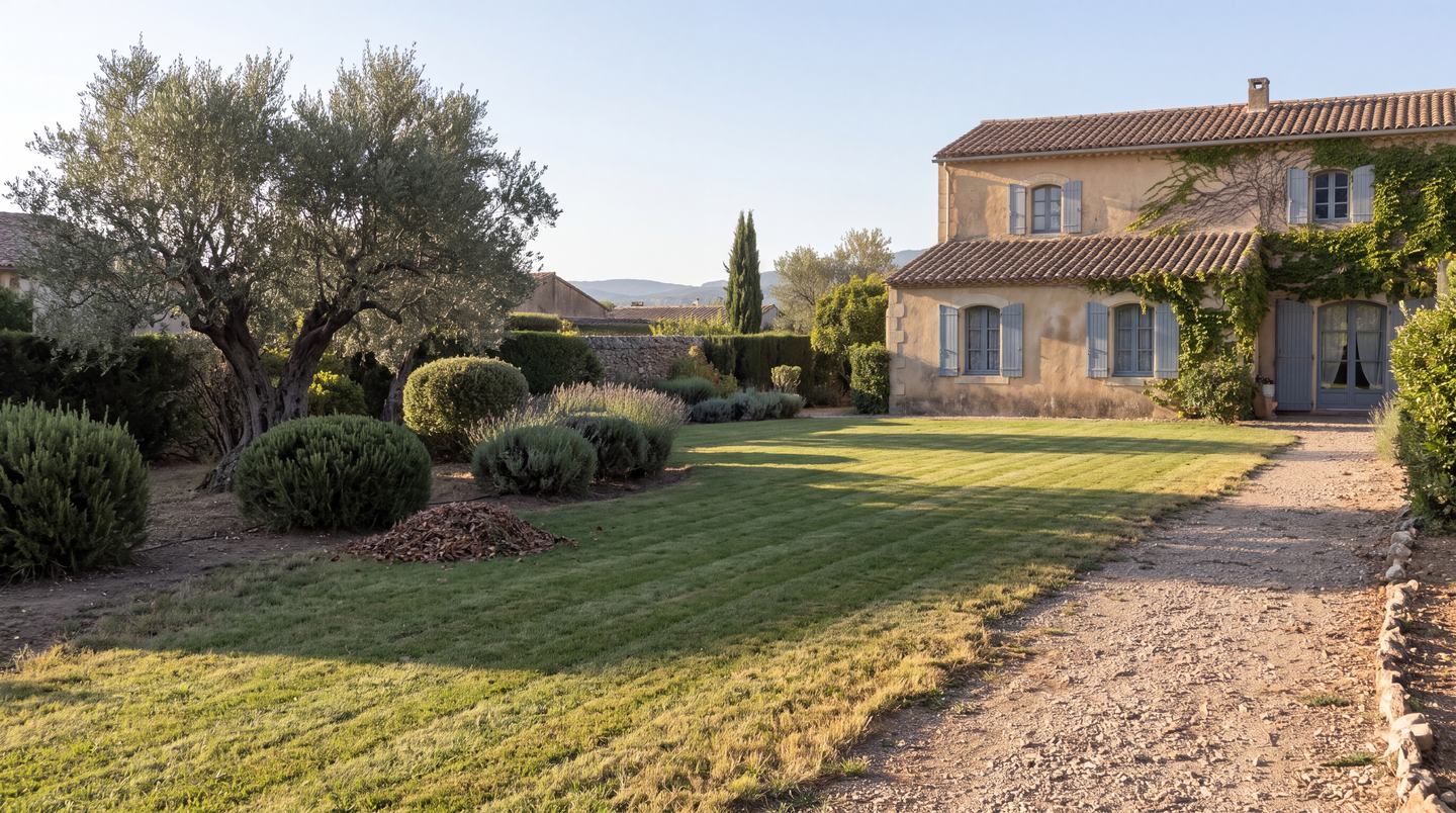 Pelouse tondue en bandes devant une maison du Languedoc, olivier, lavandes taillées et tas de feuilles ramassées